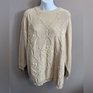 Lewis-Henry Cream Floral Embroidered Crochet Knit Sweater OS PTP 23